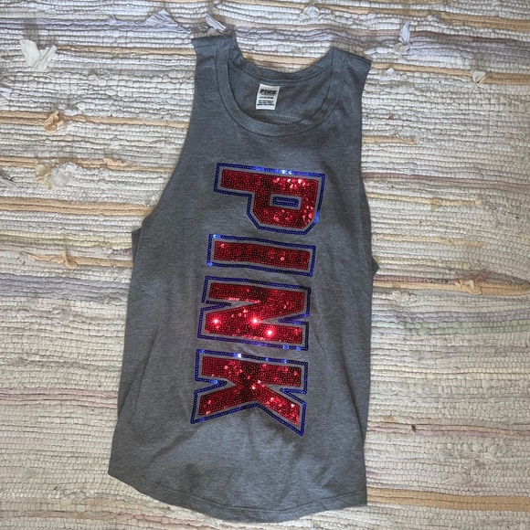 PINK Victoria’s Secret Gray USA Sequin Sleeveless Top / Tank - Picture 1 of 8